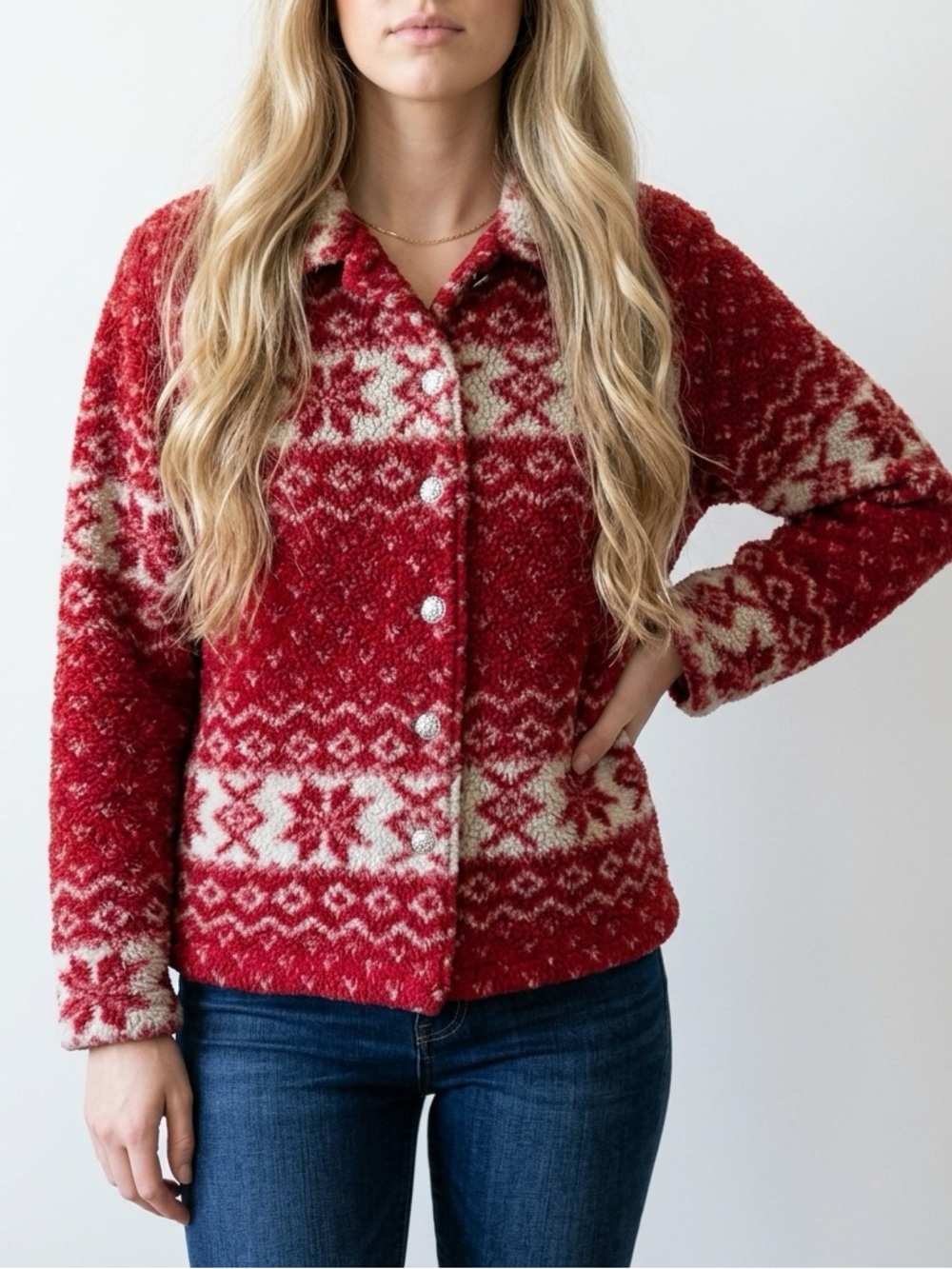 Vintage 90s Carbincore Nordic Sherpa Jacket Red Cream Snowflake Fair Isle